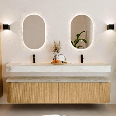 MONDIAZ THOR-DLUX 200cm meuble de salle de bains arrondi gauche + droite couleur Oak avec 2 tiroirs et 2 portes. Vasque suspendue CLOUD Double 2 trous de robinet couleur Ostra.