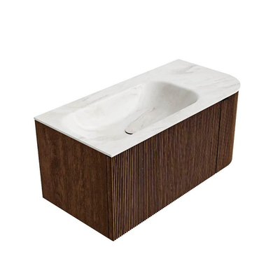 MONDIAZ KURVE-DLUX 95cm badmeubel met module 25 R kleur Walnut met 1 lade en 1 deur. Wastafel BIG SMALL links zonder kraangat kleur Ostra.