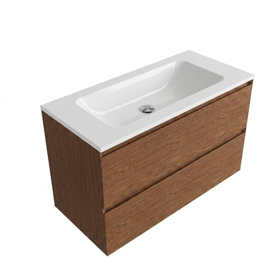 Saniclass Holz Pure Ensemble de meubles de salle de bains - 100x45x77.5cm - lavabo Torino en solid surface blanc - sans trou de robinet - 2 tiroirs - noyer pure mat (bois)