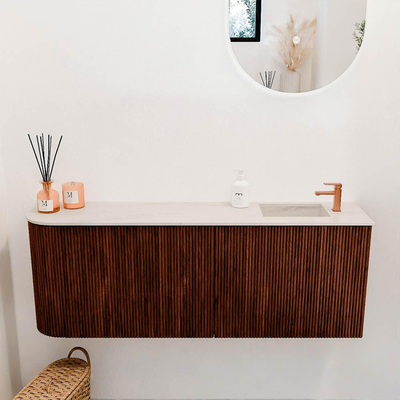 Mondiaz JOYA-DLUX Meuble de toilette 111,6cm - arrondi gauche couleur Ruby - Vasque FAYE position droite 1 trou de robinet couleur Meli.