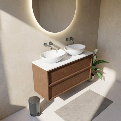 Saniclass Holz Frame Ensemble de meubles de salle de bains - 120x45x62.5cm - plan vasque Torino en solid surface blanc - sans trou de robinetterie - 2 tiroirs - walnut pure mat (bois)