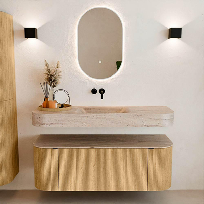 MONDIAZ THOR-DLUX 130cm badmeubel ronding links + rechts kleur Oak met 1 lade en 2 deuren. Vrijhangende wastafel CLOUD Midden zonder kraangat kleur Saba.