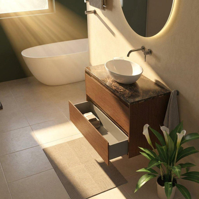 Saniclass Holz Pure Ensemble de meubles de salle de bains - 100x45x63cm - Plan en pierre naturelle Noche dark emperador - sans trou de robinetterie - 2 tiroirs - noyer pure mat (bois)