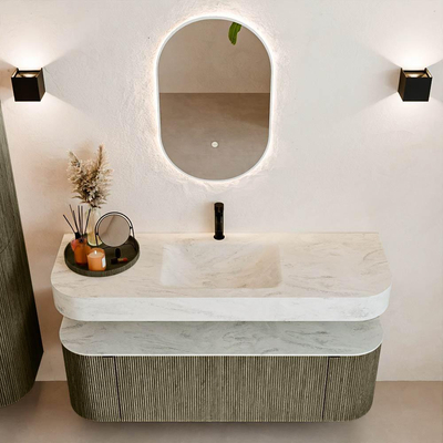 MONDIAZ THOR-DLUX 140cm meuble de salle de bains arrondi gauche + droite couleur Shadow avec 1 tiroir et 2 portes. Vasque suspendue CLOUD Milieu 1 trou de robinet couleur Opalo.