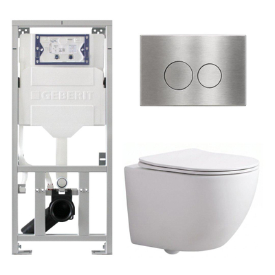 QeramiQ Dely Swirl Compact Toiletset - inbouwreservoir Geberit UP320 - met Burda frame - slim zitting - metalen bedieningsplaat RVS - ronde knoppen - mat wit