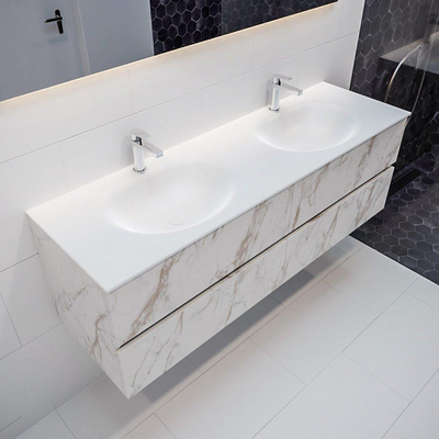 MONDIAZ VICA Ensemble de meuble salle de bain - 150cm - 4 tiroirs - lavabo Moon double - 2 trous de robinet - solid surface marbre carrara