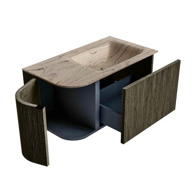 MONDIAZ KURVE-DLUX Meuble de salle de bains 85 cm arrondi à gauche couleur Shadow avec 1 tiroir et 1 porte. Lavabo CLOUD à droite 1 trou de robinet Arena.