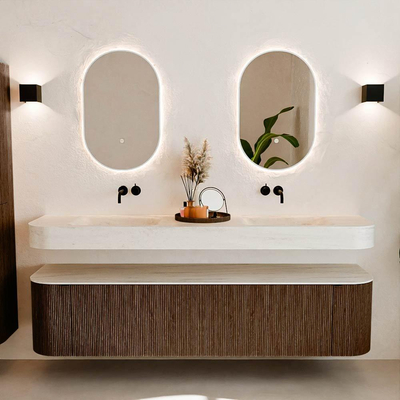 MONDIAZ THOR-DLUX 190cm meuble de salle de bains arrondi gauche + droite couleur Walnut avec 2 tiroirs et 2 portes. Vasque suspendue CLOUD Double sans trou de robinet couleur Meli.