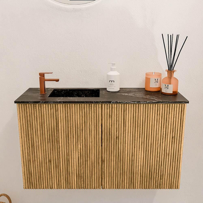 Mondiaz JOYA-DLUX 70cm toiletmeubel - kleur Oak - Wastafel FAYE positie Links 1 kraangat kleur Lava.
