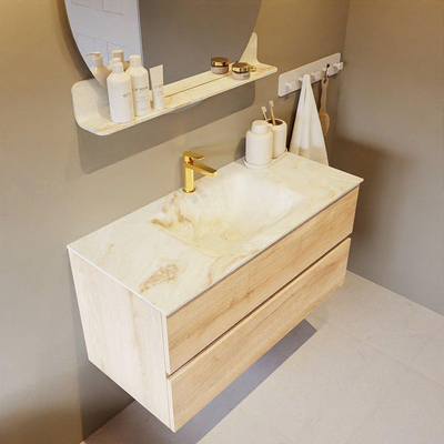 MONDIAZ VICA-DLUX Ensemble meuble de salle de bains - 100cm - meuble bas Washed oak - 2 tiroirs - lavabo encastré cloud au milieu - 1 trou de robinet - version haute 60cm - frappe