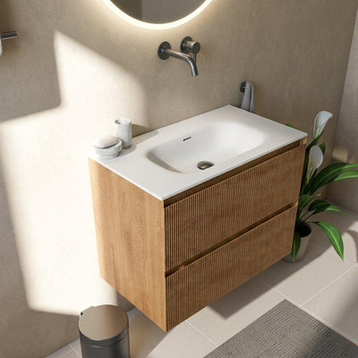 Saniclass Holz Atelier Ensemble de meubles de salle de bains - 80x45x61.5cm - Lavabo Flow en solid surface blanc - 1 vasque - sans trou de robinet - 2 tiroirs - chêne natural mat (bois)