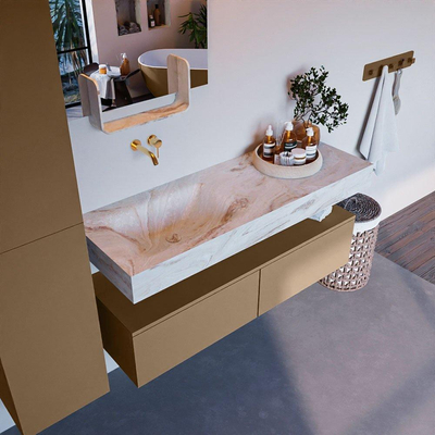 Mondiaz ALAN-DLUX Ensemble de meuble - 130cm - meuble Oro mat - 2 tiroirs - Lavabo Cloud Frappe suspendu - vasque Gauche - 0 trous de robinet