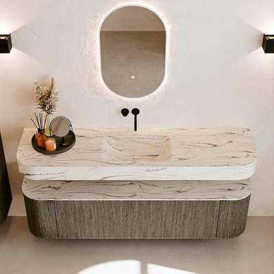 MONDIAZ THOR-DLUX Meuble de salle de bains 170cm arrondi gauche + droite couleur Shadow avec 1 tiroir et 2 portes. Vasque suspendue CLOUD Milieu sans trou de robinet couleur Nata.