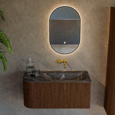 MONDIAZ KURVE-DLUX Meuble de salle de bains 95 cm avec module 25 L couleur Walnut avec 1 tiroir et 1 porte. Lavabo BIG SMALL à droite sans trou de robinet couleur Lava.