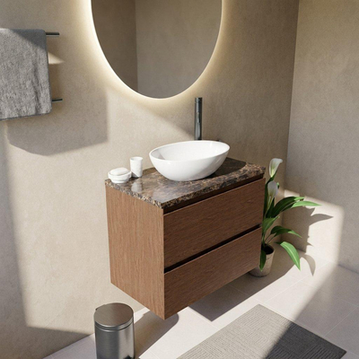Saniclass Holz Pure Ensemble meuble de salle de bains - 80x45x63cm - Plan de travail en pierre naturelle Noche dark emperador - 1 trou de robinet - 2 tiroirs - noyer pure mat (bois)