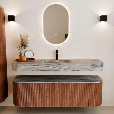 MONDIAZ THOR-DLUX 150cm meuble de salle de bains arrondi gauche + droite couleur Ruby avec 1 tiroir et 2 portes. Vasque suspendue CLOUD Milieu 1 trou de robinet couleur Sombra.