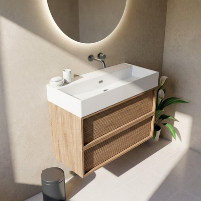 Saniclass Holz Frame Ensemble meuble de salle de bains - 100x45x72cm - Legend lavabo en céramique blanc - 1 vasque - sans trou de robinet - 2 tiroirs - chêne natural mat (bois)