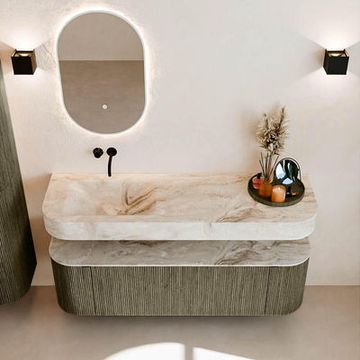 MONDIAZ THOR-DLUX 150cm meuble de salle de bains arrondi gauche + droite couleur Shadow avec 1 tiroir et 2 portes. Vasque suspendue CLOUD Gauche sans trou de robinet couleur Frappe.