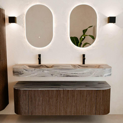 MONDIAZ THOR-DLUX 150cm badmeubel ronding links + rechts kleur Walnut met 1 lade en 2 deuren. Vrijhangende wastafel CLOUD Dubbel 2 kraangaten kleur Sombra.