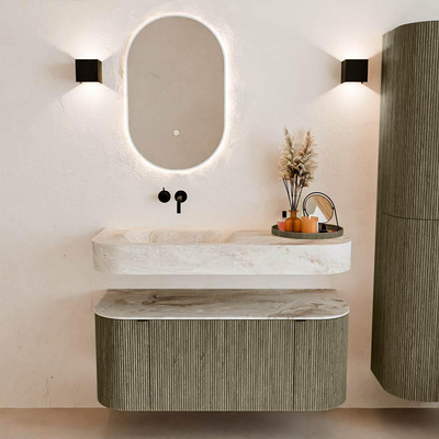 MONDIAZ THOR-DLUX 110cm meuble de salle de bains arrondi gauche + droite couleur Shadow avec 1 tiroir et 2 portes. Vasque suspendue CLOUD Gauche sans trou de robinet couleur Frappe.