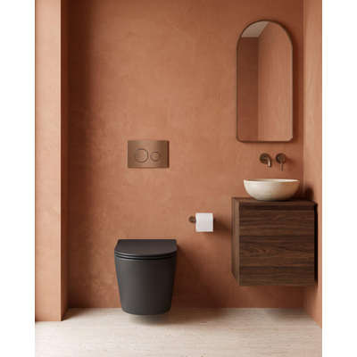 QeramiQ Dely Toiletset - 36.3x51.7cm - Geberit UP720 inbouwreservoir - rimless - diepspoel - zitting - softclose - bedieningsplaat koper - ronde knoppen - mat zwart