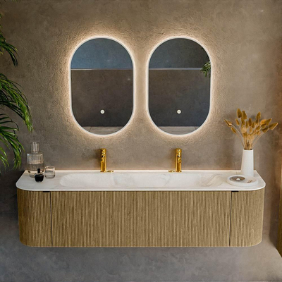 Mondiaz KURVE-DLUX Badkamermeubelset - 170x46x40cm - 1 lade - 2 deuren - wastafel solid surface - midden - 2 kraangaten - Dusk