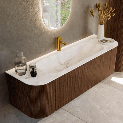 MONDIAZ KURVE-DLUX 150cm badmeubel met module 25 Len R kleur Walnut met 1 lade en 2 deuren. Wastafel BIG MEDIUM midden 1 kraangat kleur Frappe.