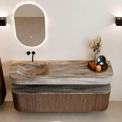 MONDIAZ THOR-DLUX 160cm badmeubel ronding links + rechts kleur Walnut met 1 lade en 2 deuren. Vrijhangende wastafel CLOUD Links zonder kraangat kleur Oza.