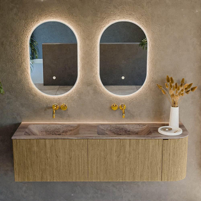 MONDIAZ KURVE-DLUX 155cm badmeubel ronding Rechts kleur Dusk met 2 lades en 1 deur. Wastafel LEAF Dubbel / Links zonder kraangat Oza.