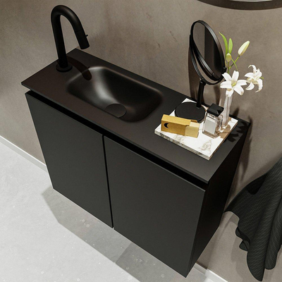 MONDIAZ TURE Fonteinset - 60x23x50cm - 1 kraangat - 2 deuren - urban mat - Wasbak links - Solid Surface Zwart