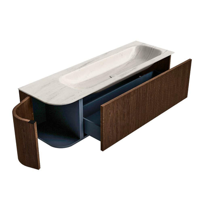 MONDIAZ KURVE-DLUX 145cm badmeubel ronding Links kleur Walnut met 1 lade en 1 deur. Wastafel BIG LARGE Rechts 2 kraangaten Meli.
