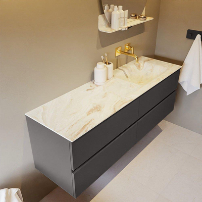 Mondiaz VICA-DLUX Ensemble de meuble de salle de bain - 150cm - meuble sous-vasque gris foncé - 4 tiroirs - lavabo encastré cloud droite - sans trous de robinet - version haute de 60cm - frape