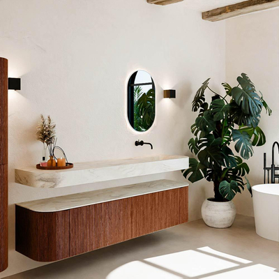 MONDIAZ THOR-DLUX Meuble de salle de bains - 190cm - arrondi gauche + droite - couleur Ruby - 2 tiroirs et 2 portes - Vasque suspendue CLOUD Droite sans trou de robinet - couleur Ostra