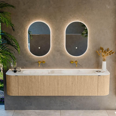 MONDIAZ KURVE-DLUX Meuble de salle de bains 200 cm avec module 25 Len R couleur Chêne avec 2 tiroirs et 2 portes. Lavabo STOR SMALL double sans trou de robinet couleur Ostra.