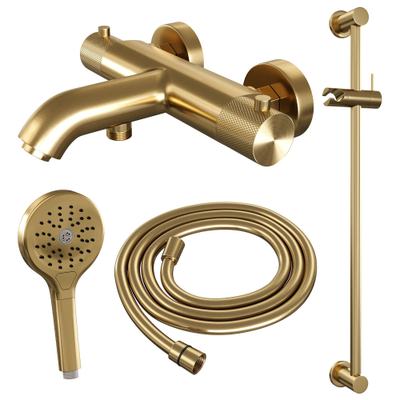Brauer Gold Carving Badkraan Opbouw - glijstang - 2 functies - 2 carving knoppen - handdouche rond 3 standen - PVD - geborsteld goud