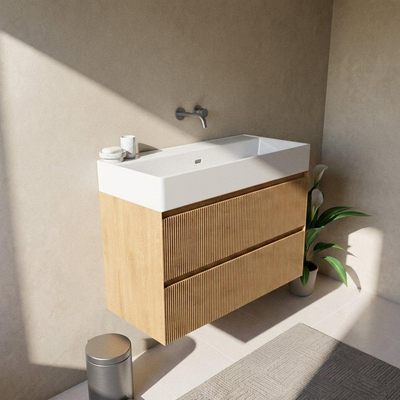 Saniclass Holz Atelier Ensemble meuble de salle de bains - 100x45x72cm - Legend lavabo en céramique blanc - 1 vasque - sans trou de robinet - 2 tiroirs - chêne natural mat (bois)