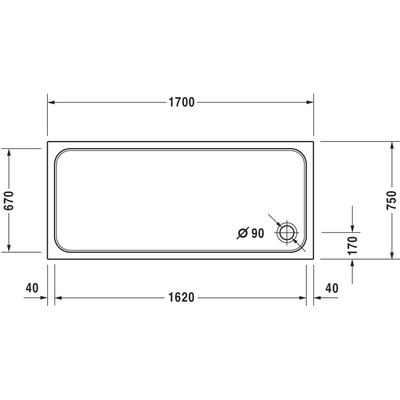 Duravit D-code Kunststof douchebak acryl rechthoekig - zonder paneel - 170x75cm - met afvoergat - diameter 90mm - wit