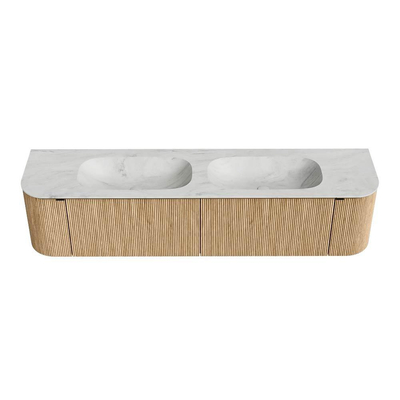 MONDIAZ KURVE-DLUX Meuble de salle de bains 190cm avec module 25 Len R couleur Chêne avec 2 tiroirs et 2 portes. Lavabo STOR SMALL double 2 trous de robinet couleur Opalo.