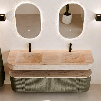 MONDIAZ THOR-DLUX 160cm meuble de salle de bains arrondi gauche + droite couleur Shadow avec 1 tiroir et 2 portes. Vasque suspendue CLOUD Double 2 trous de robinet couleur Saba.