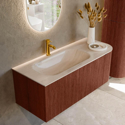 MONDIAZ KURVE-DLUX 115cm badmeubel ronding Rechts kleur Ruby met 1 lade en 1 deur. Wastafel BIG SMALL Links 1 kraangat Meli.