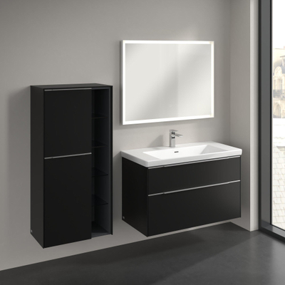 Villeroy & Boch Subway 3.0 Badkamerkast - 60x35x120cm - 2 linksdraaiende softclose deuren - 5 open vakken - aluminium glanzende greep - spaanplaat - volcano black