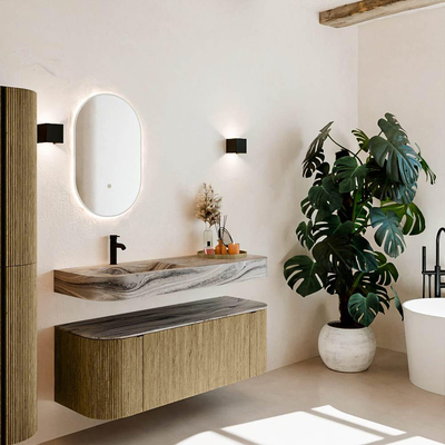 MONDIAZ THOR-DLUX Meuble de salle de bains 130cm arrondi gauche + droite couleur Dusk avec 1 tiroir et 2 portes. Vasque suspendue CLOUD Gauche 1 trou de robinet couleur Sombra.