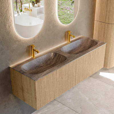 MONDIAZ KURVE-DLUX 140cm badmeubel kleur Oak met 2 lades en 0 deuren. Wastafel STOR SMALL Dubbel 2 kraangaten Oza.