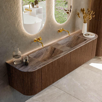 MONDIAZ KURVE-DLUX Meuble de salle de bains 180cm arrondi gauche + droite couleur Walnut avec 2 tiroirs et 2 portes. Lavabo LEAF double sans trou de robinet Oza.