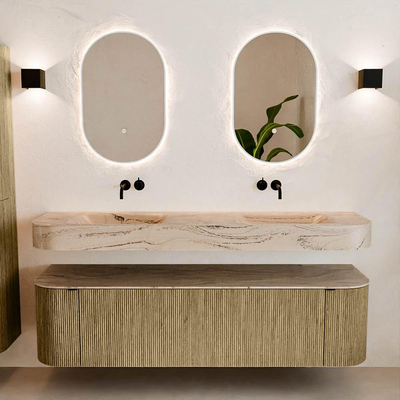 MONDIAZ THOR-DLUX 170cm meuble de salle de bains arrondi gauche + droite couleur Dusk avec 1 tiroir et 2 portes. Vasque suspendue CLOUD Double sans trou de robinet couleur Arena.