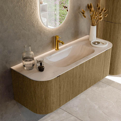 MONDIAZ KURVE-DLUX Meuble de salle de bains 130cm arrondi gauche + droite couleur Dusk avec 1 tiroir et 2 portes. Lavabo BIG SMALL central 1 trou de robinet Meli.