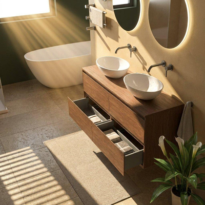 Saniclass Holz Pure Ensemble meuble de salle de bains - 140x45x62cm - plan de travail en bois - sans trou de robinetterie - 4 tiroirs - walnut pure mat (bois)