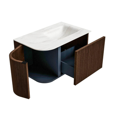 MONDIAZ KURVE-DLUX Meuble de salle de bains 75 cm avec module 25 L couleur Walnut avec 1 tiroir et 1 porte. Lavabo GRUNNE à droite sans trou de robinet couleur Ostra.