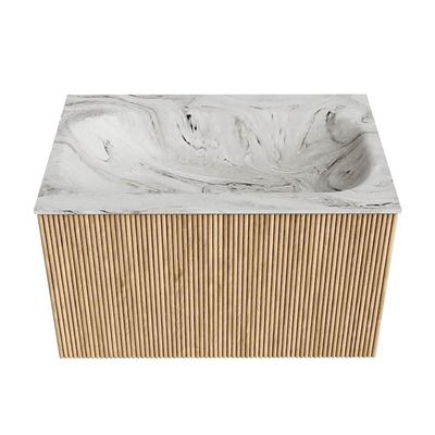 MONDIAZ KURVE-DLUX Meuble de salle de bains 70cm couleur Oak avec 1 tiroir. Lavabo BIG SMALL central 1 trou de robinet couleur Glace.