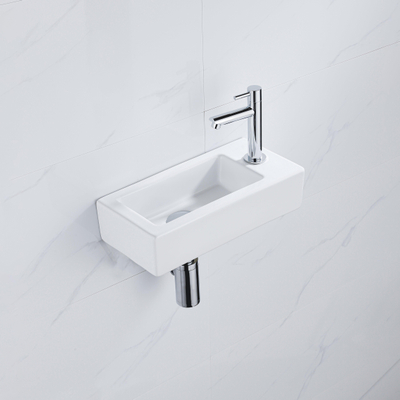 QeramiQ Fuente pack lave-mains – 37,5 x 18,5 x 9 cm – céramique blanc brillant – perçage à droite – robinet chromé